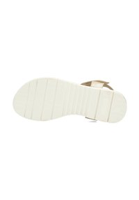 Sandalo marrone con fascia dorata texture e suola in gomma bianca con battistrada a righe orizzontali. Fascia regolabile per una vestibilità ottimale.