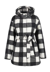 Černobílý kostkovaný kabát s kapucí a páskem v pase, vyrobený z texturované látky. Obsahuje patentky a dvě postranní kapsy.