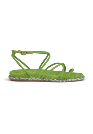 Sandalia plana verde con tiras delgadas, hebilla en el tobillo, suela acolchada y adorno plateado decorativo alrededor del borde.