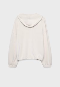 Lichtgrijze cropped hoodie met een capuchon met trekkoord, losse mouwen en elastische manchetten. Soepele textuur met minimale naden.