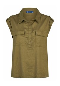 Olivgrüne Bluse mit kurzen Ärmeln, Knopfverschluss, zwei Brusttaschen und Schulterklappen. Hergestellt aus einem leichten Stoff.