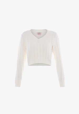 Pull court blanc avec un décolleté en V, présentant un motif en maille torsadée et des poignets côtelés pour ajouter texture et style.