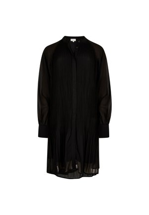 Schwarzes, plissiertes Hemdkleid mit Stehkragen und Knopfverschluss, ausgestattet mit langen, halbtransparenten Ärmeln und geradem Schnitt.