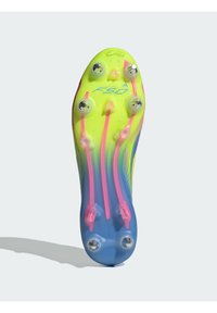 Soccer cleat sole in vibrant yellow with blue and pink accents. Features six studs for traction, and a sleek, streamlined design.