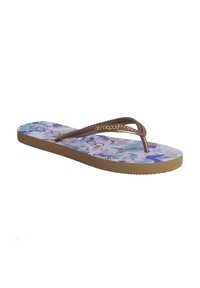 Chanclas marrones con una correa texturizada y una plantilla estampada en colores pastel. La suela es de color marrón claro con detalles en forma de ola.