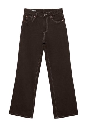 Dunkelbraune Jeans mit weitem Bein, vorn mit Knopfleiste, Reißverschluss und kontrastierenden weißen Nähten. Verfügt über Front- und Münztaschen mit kupferfarbenen Nieten.