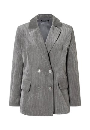 Grau meliertes Cord-Blazer im Doppelreiher-Stil mit breiten Revers, zwei Vordertaschen und sechs runden Knöpfen mit gerippter Struktur.