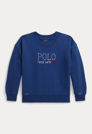 Felpa blu navy a maniche lunghe con "POLO MADE WITH" e un piccolo cuore rosso ricamato al centro davanti.