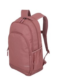 Zaino in tessuto rosa con superficie texturizzata, design curvo, spallacci regolabili e imbottiti, e tasca anteriore con zip. Presenta il logo sul lato.