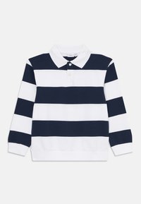 Polo a maniche lunghe a righe blu navy e bianche con colletto classico, patta con tre bottoni e polsini a coste. Materiale in cotone morbido.