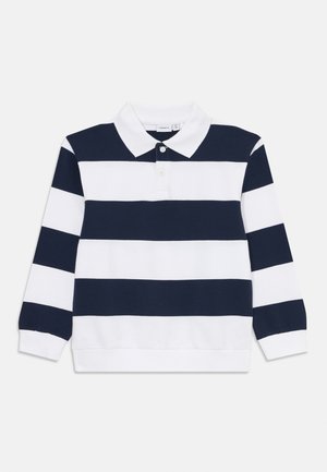 Granatowa i biała, paskowana koszulka polo z długim rękawem, klasycznym kołnierzykiem, z trzema guzikami z przodu i ściągaczami przy rękawach. Miękki materiał bawełniany.