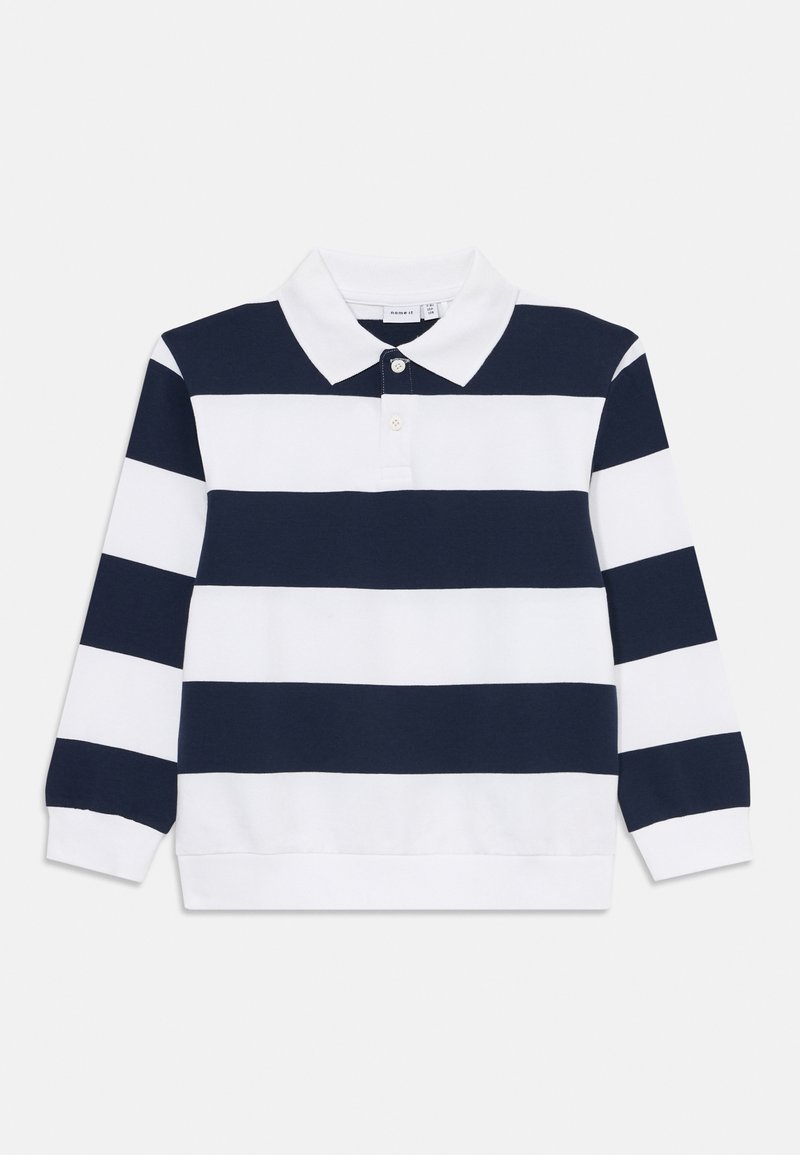 Polo a maniche lunghe a righe blu navy e bianche con colletto classico, patta con tre bottoni e polsini a coste. Materiale in cotone morbido.