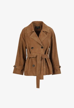 Bruine suède dubbelgeknoopte jas met brede revers, verstelbare manchetten met knopen, ceintuur aan de voorkant en zwarte knopen, maat small.