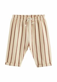 Striped lightweight cotton pants in cream with vertical brown stripes, featuring an elastic waistband and adjustable drawstring details.