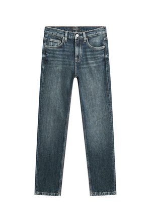 Donkerblauwe jeans van denim met een rechte pijp, voorzakken en een ritsluiting. Lichte vervaging op de stof voegt textuur toe.