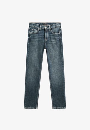 Donkerblauwe jeans van denim met een rechte pijp, voorzakken en een ritsluiting. Lichte vervaging op de stof voegt textuur toe.