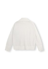 Cardigan bianco lavorato a maglia con colletto e polsini a coste. Design semplice con texture uniforme e un piccolo logo sul retro.
