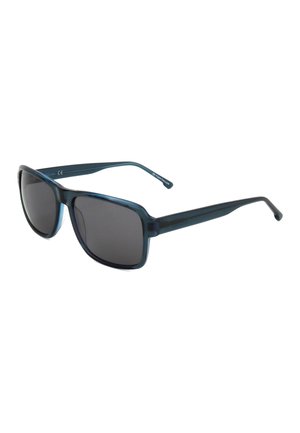 Lenti rettangolari scure con montatura in plastica blu scuro semi-trasparente e aste dritte inclinate verso l'esterno.