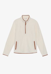 Pulover din fleece de culoare crem cu guler cu jumătate de fermoar. Prezintă accente maronii pe guler și pe marginile buzunarelor. Textură moale, mâneci lungi.