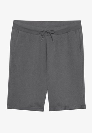 Grå shorts i en bomuldsblanding med elastisk talje, snoretræk, og to sidelommer; afsluttet med opsmøgede kanter.