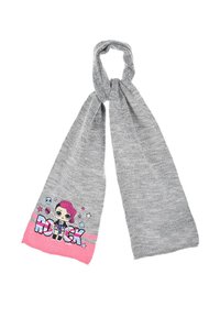 Scarf grigia lavorata a maglia con un accento rosa, raffigurante un personaggio illustrato e la parola "ROCK". Texture morbida, forma allungata e design informale.