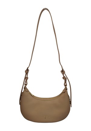 Borsa a tracolla in pelle color cuoio con tracolla regolabile, cerniera in tono oro e dettagli discreti del logo al centro frontale.