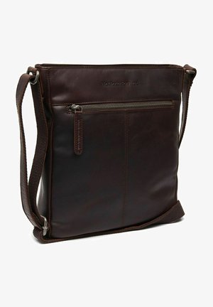 Brown leather crossbody bag with a zippered front pocket, adjustable strap, and smooth texture. Simple design with minimal hardware accents.