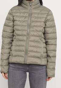 Vadderad, zip-up jacka i ljus olivgrön. Har en hög krage och kviltad design med horisontella sömmar. Slät och glänsande textur.