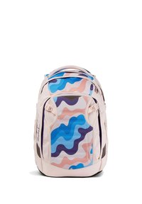 Backpack with multicolored abstract wave patterns in blue, pink, and purple shades, featuring multiple zippered compartments and padded straps.