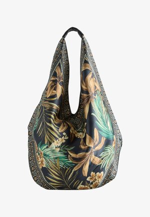 Schwarze Stofftasche mit Muster aus grünen und braunen tropischen Blättern und Blumen sowie detailliertem Blumenrand.