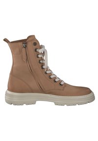 Botas de tobillo de cuero marrón claro con cordones blancos y una cremallera lateral, que cuentan con una suela de goma texturizada. Detalles de costura vertical en la parte superior.