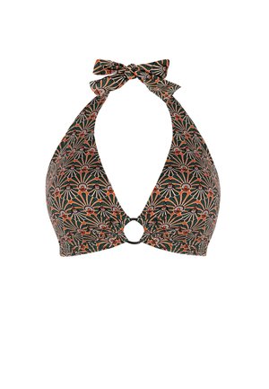 Góra od bikini typu halter z geometrycznym kwiatowym wzorem w kolorach czarnym, pomarańczowym i beżowym, wiązanie na szyi oraz ozdobne kółko na środku przodu.