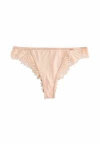 Rosa Spitzen-D thong-Unterwäsche mit gewellten Kanten, weichem Satinmaterial und detaillierter floraler Spitze an den Seiten.