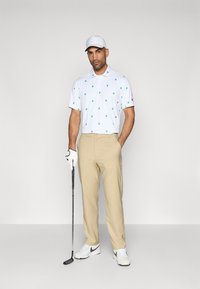 Λευκό πόλο πουκάμισο με πράσινα σχέδια, beje παντελόνια, λευκά αθλητικά παπούτσια και λευκό καπέλο. Κρατάει ένα γκολφ μαστίγιο, φορώντας ένα λευκό γάντι.