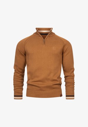 Maglione marrone con una zip a un quarto e texture a costine. Presenta accenti a righe su polsini e colletto. Realizzato in materiale a maglia.