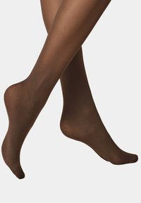 Brown sheer tights with a smooth texture, close-fitting design, and even color, extending from toes to mid-thigh. No patterns or accents.