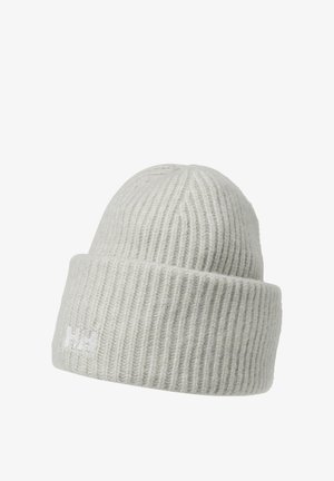 Šedá pletená čepice s ribbed texturou a ohnutým okrajem, která má na přední straně malé bílé logo.