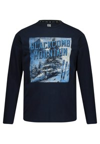 Marineblaues Langarm-T-Shirt mit einem Berggrafik in Blau, das von hell nach dunkel verläuft, mit "BLACKCOMB MOUNTAIN" in auffälliger Schrift.