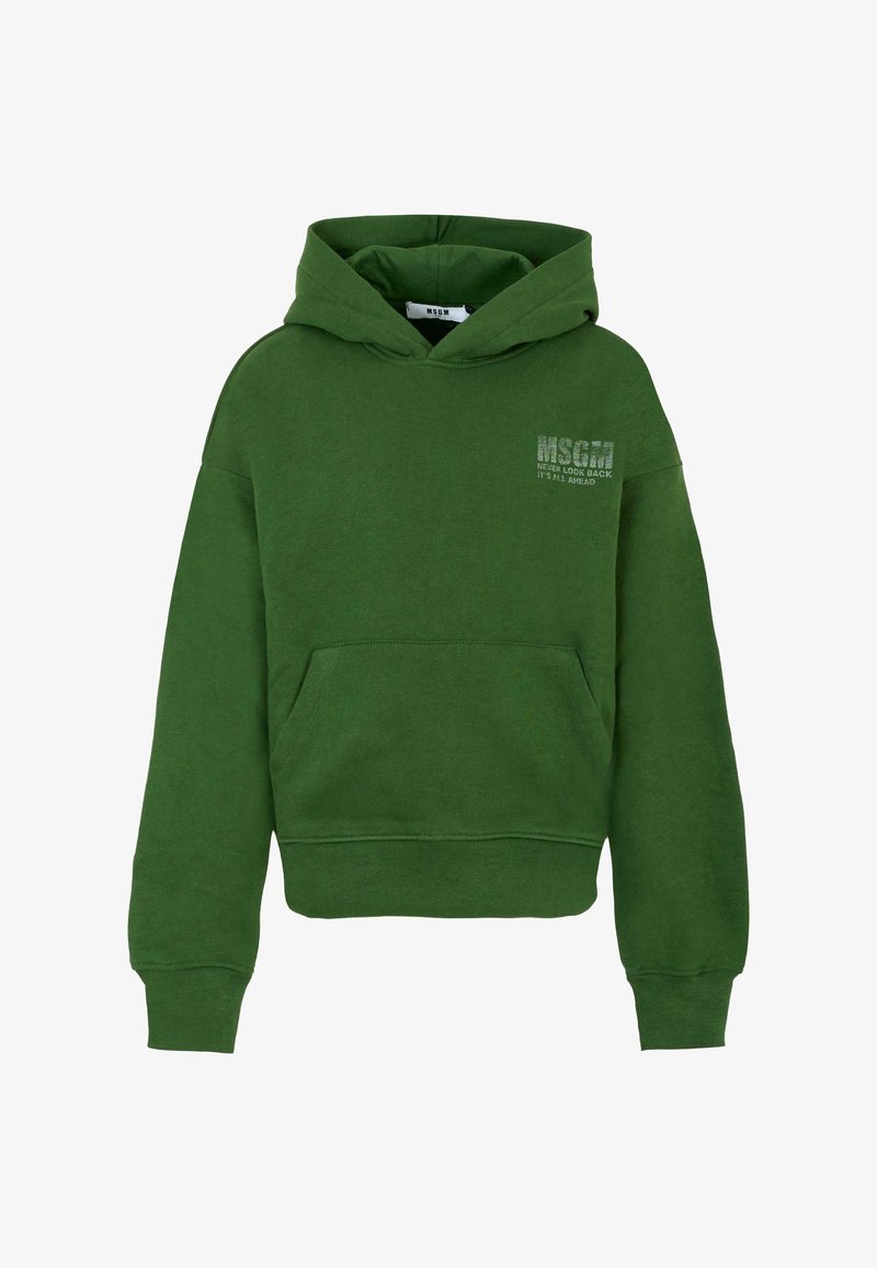 Felpa verde in cotone con tasca a canguro, cappuccio con cordino e testo stampato sul petto. Texture morbida e vestibilità rilassata.