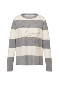 Grau-weiß gestreifter Pullover mit langen Ärmeln und rundem Ausschnitt. Verfügt über dekorativen Text aus goldenen und silbernen Nieten auf der Vorderseite.