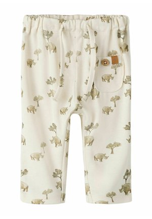 Crèmekleurige peuterbroek met elastische taille, trekkoord, voorzak en print van neushoorns en bomen in zachte tinten.