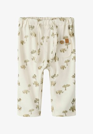 Crèmekleurige peuterbroek met elastische taille, trekkoord, voorzak en print van neushoorns en bomen in zachte tinten.