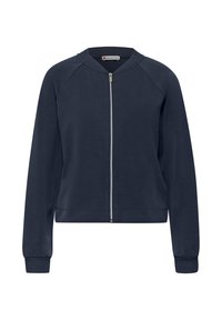 Veste zippée bleu marine avec poignets et col côtelés, manches longues et fermeture éclair métallique à l'avant.