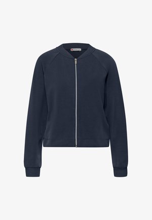 Giacca con zip blu navy con polsini e collo a coste, maniche lunghe e chiusura frontale con zip in metallo.