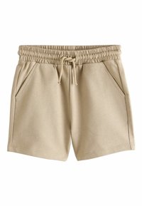 Béžové bavlněné šortky s elastickým pasem, stahovací šňůrkou a dvěma bočními kapsami. Hladká textura a jednoduchý design bez vzorů.