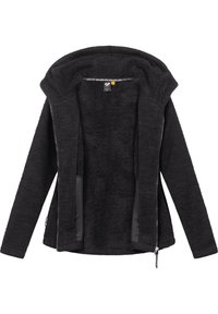 Černá fleecová bunda s kapucí, s měkkým vnitřním materiálem, zapínáním na zip vpředu a bočními kapsami. Vnitřek podšitý vzorovanou látkou.