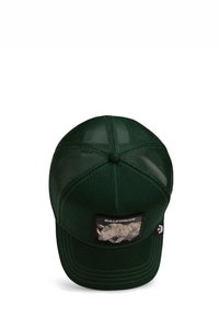 Dark green cap with mesh back, curved visor, and a patch featuring a rhinoceros and the word "BULLETPROOF." Textured fabric.