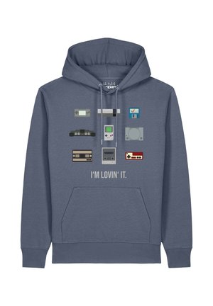 Blue hoodie with graphics of retro gaming consoles and controllers above the text "I'M LOVIN' IT."