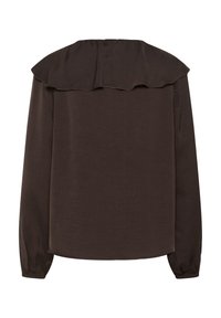 Blouse marron foncé à manches longues avec large col à volants et poignets élastiques, vue de dos sur fond blanc.