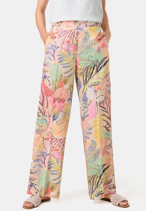 Weit geschnittene Hosen aus leichtem Stoff, mit einem tropischen Blumenmuster in Pastellfarben, seitlichen Taschen und hoher Taille.